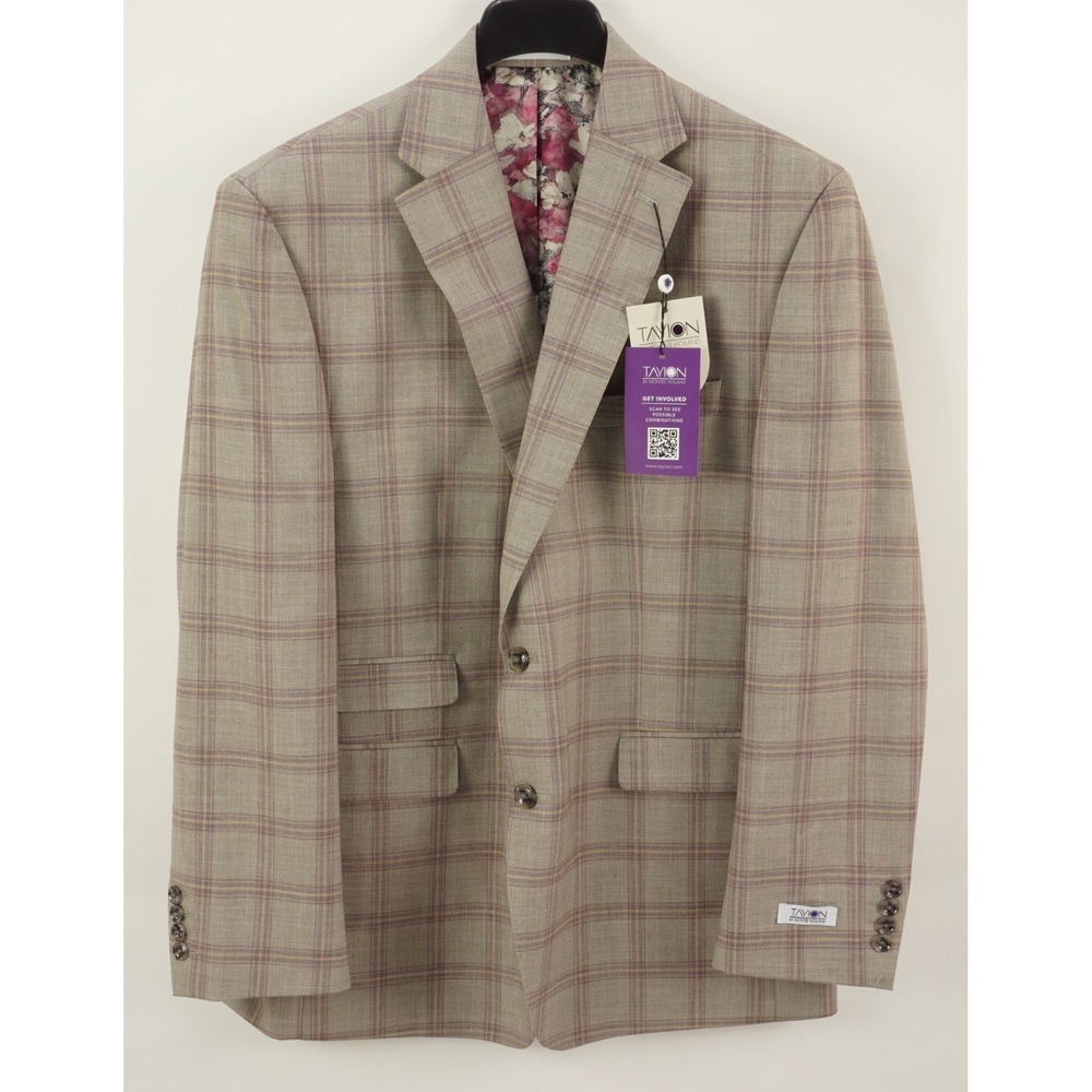 $360 Tayion Collection Regular-Fit Suit Jacket Men's 44R Tan Burgundy Windowpane